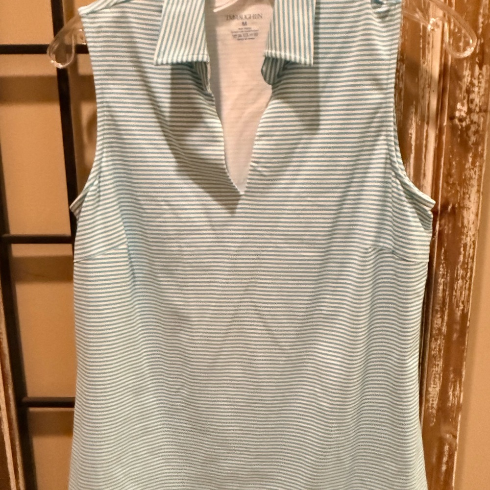 J.McLaughlin Teal/White stripe sleeveless top. Catalina cloth. Size M EUC Nylon